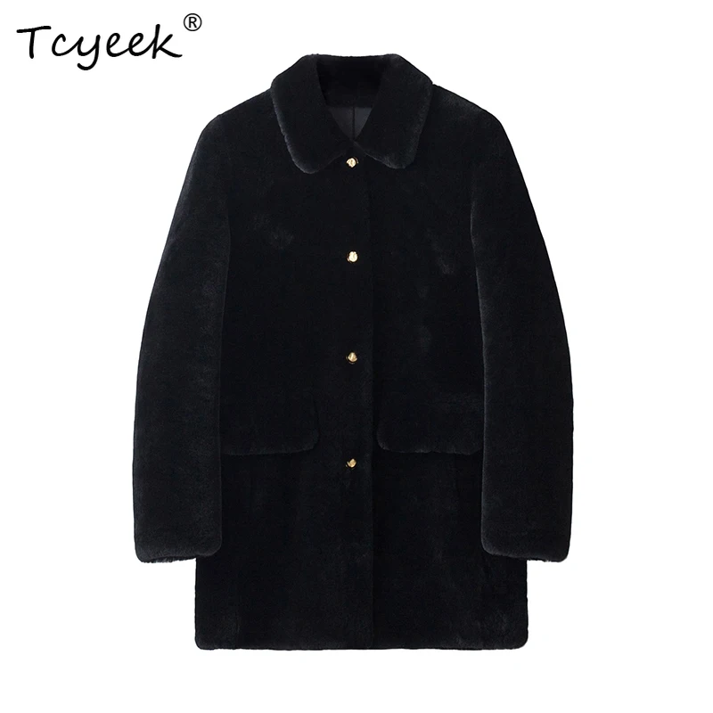 

Tcyeek Genuine Leather High End Autumn Winter Fur Integrated Lapel Black Medium Length Women's Wool Fur Coat Fourrures Femme
