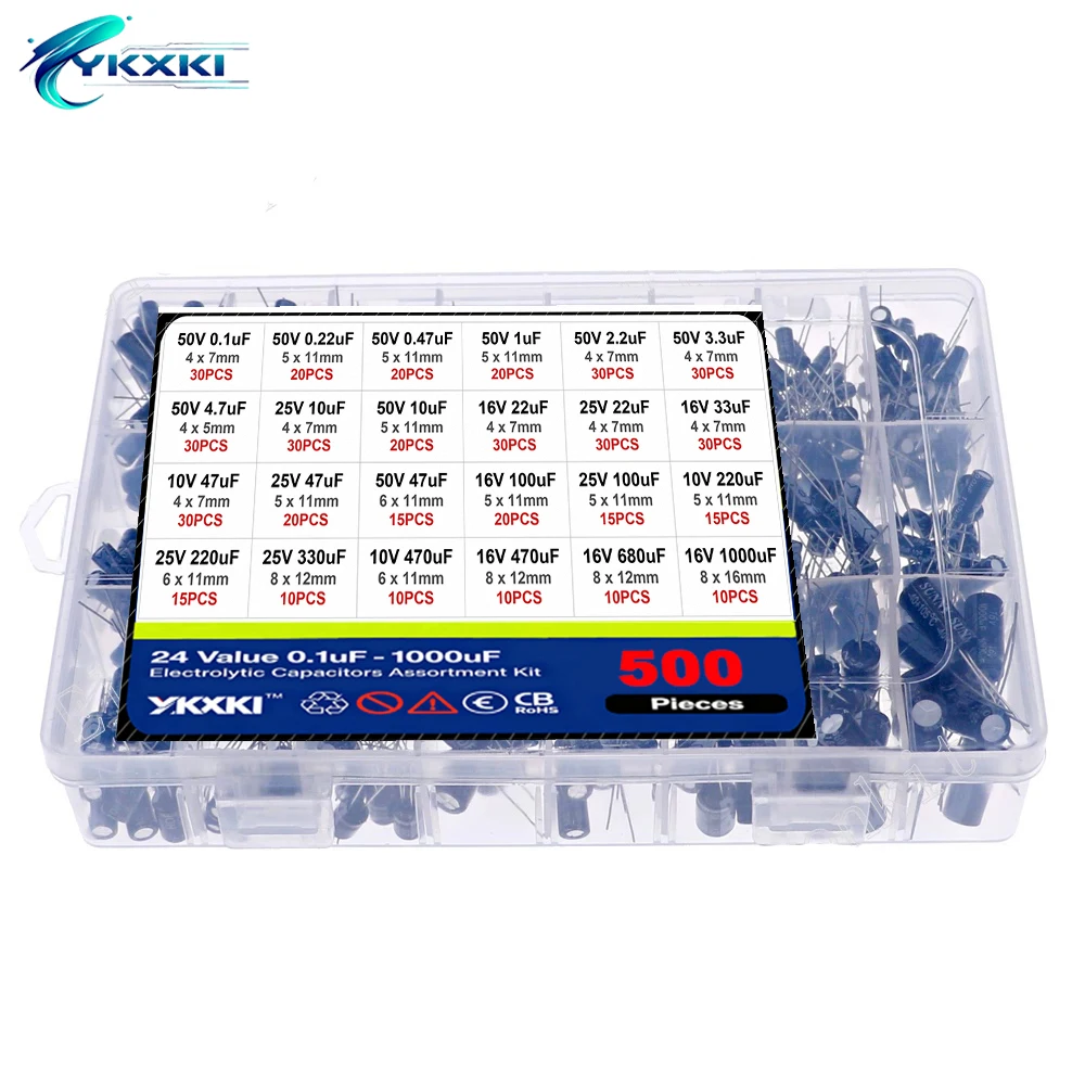 500PCS/lot 0.1UF-1000UF 24Values Aluminum Electrolytic Capacitors 16-50V mix Electrolytic capacitor Assorted kit and storage box