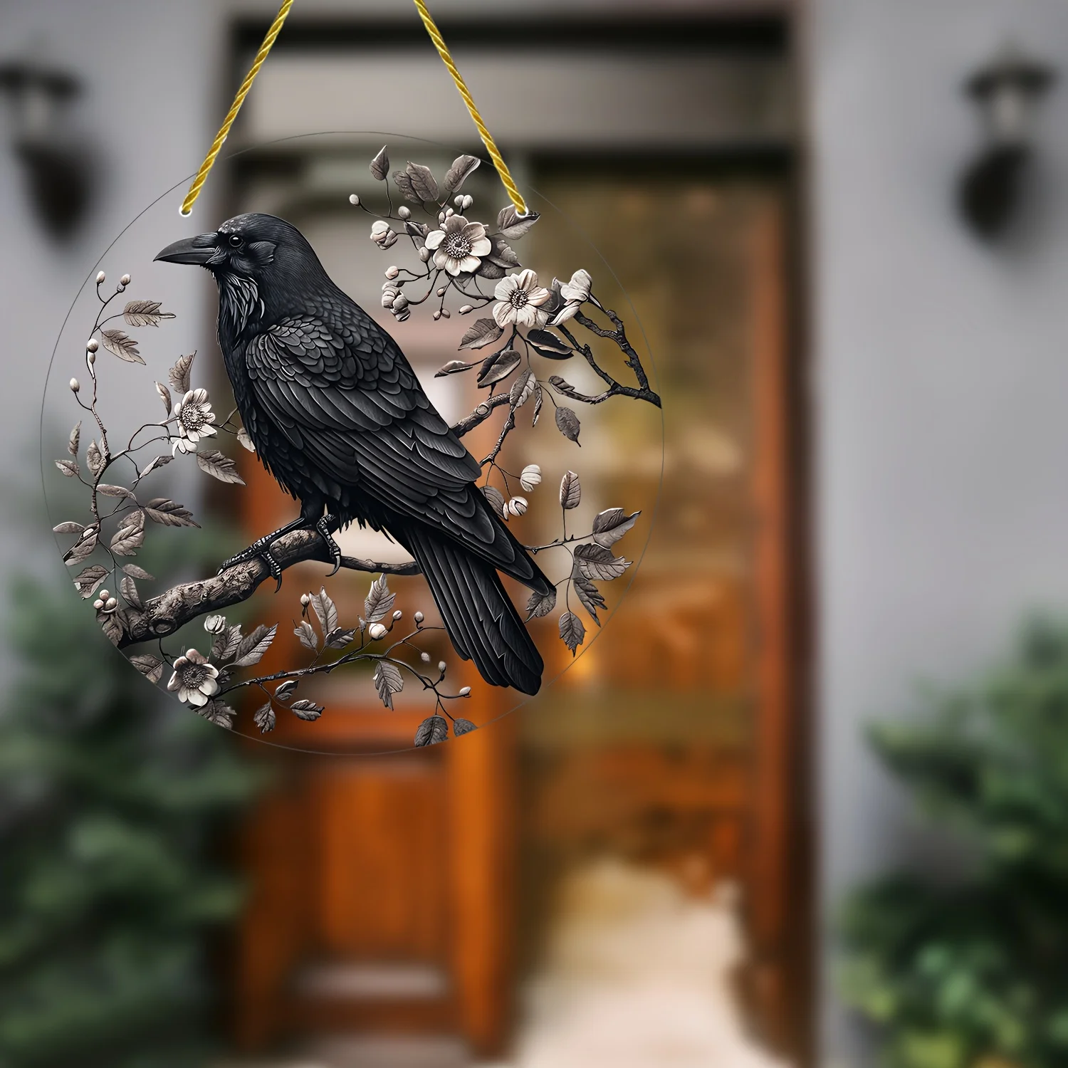 Charming Crow On Branch Acrylic Sun Catcher-Round Translucent Hanging Sign For Windows,Room,Porches&Rooms-Perfect Gift Idea