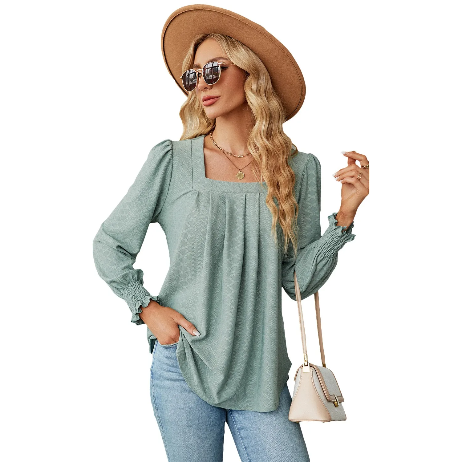 Women's Square Neck Puff Sleeve Solid Color Loose Fit Casual Mid Length Pullover Jacquard Ruffle Blouse with Ruched Cuff and