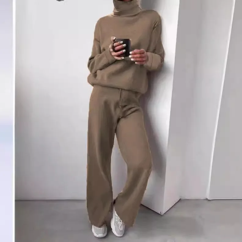 2025 Turtleneck Sweater Set Women\'s European, American Autumn And Winter New Loose Casual Office Thickened Knitted Trousers Sets