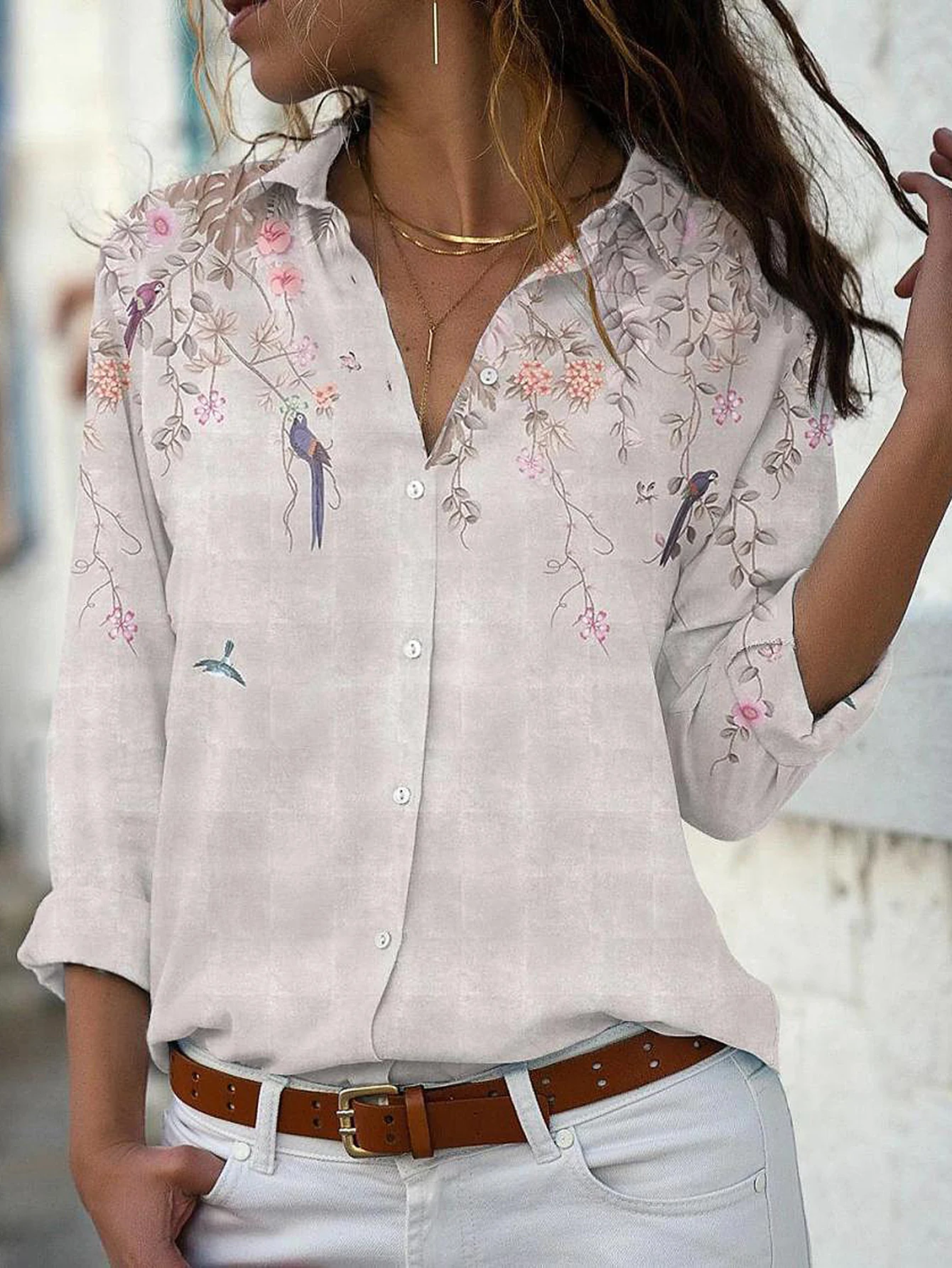 

Женская осенняя рубашка с цветочным принтом, однобортный повседневный топ с манжетами и традиционным воротником для женщин