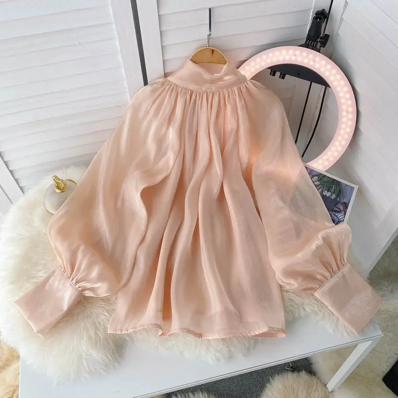 Vintage effen blouse met lange mouwen en pofmouwen Koreaanse mode Sexy kantoordame Shirt dameskleding