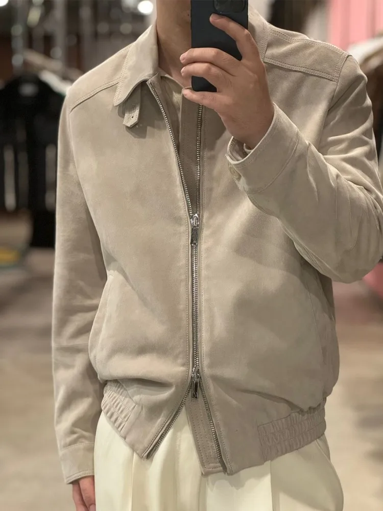 Mens Genuine Leather Jacket High Quality Business Casual Suede Sheepskin Pilot Coat Zip Loose Fit Spring Autumn Outerwear Male