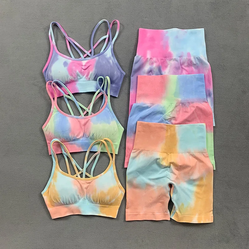 Conjunto de Yoga Tie Dye de dos piezas, pantalones cortos elásticos de cintura alta para gimnasio, sujetador acolchado sin costuras, trajes de