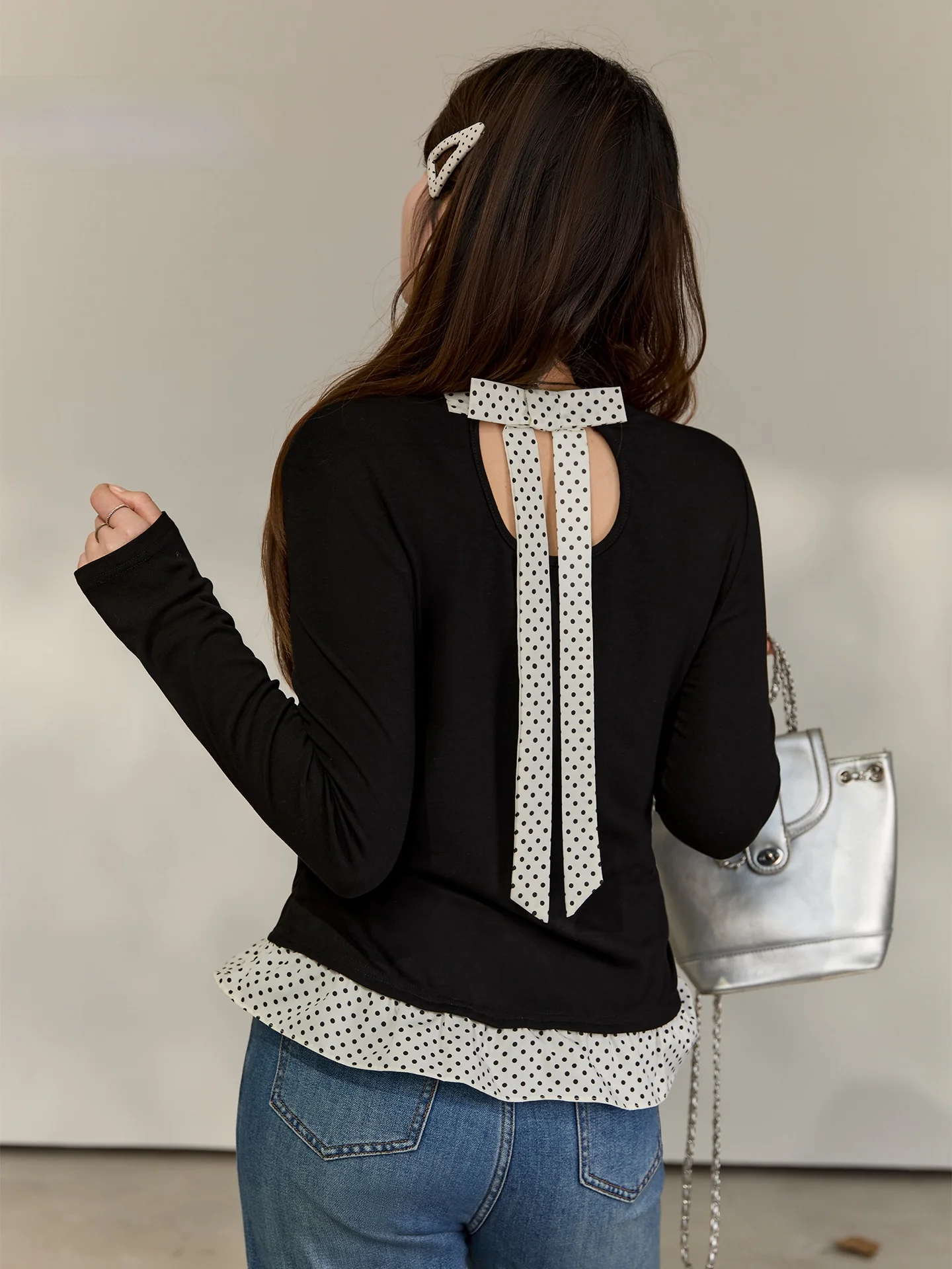 

plus Size Women's T-irt Spring 2026 Slim Fit Hollow out Polka Dot Lace Trim Color Blo Casual Top for plus Size Women