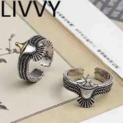 LIVVY Silver Color New Style Eagle Wings Geometry Adjustable Ring For Woman Man INS Personality Jewelry Gifts