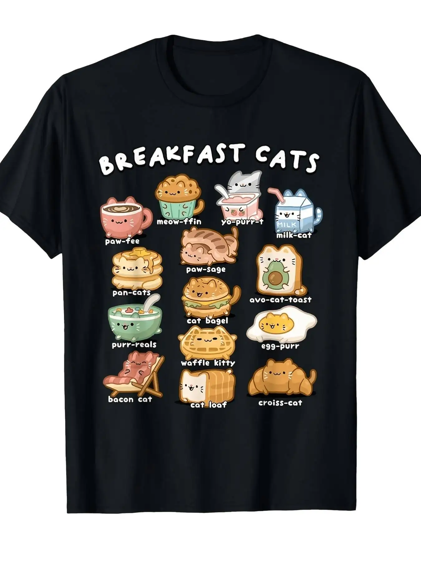 Breakfast Cats Funny Wordplay Cartoon Graphic T-Shirt for, Cute Kawaii Breakfast Lover Tee Gift for Cat Mom, Adorable Meow Foodie Novelty Top for Breakfast Enthusiast, Casual Daily Wear Shirt