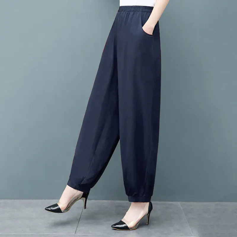 Spring Summer Thin Solid Bloomers Pants Big Size All-match Elastic Band High Waist Loose Women Fashion Casual Wide Leg Trousers