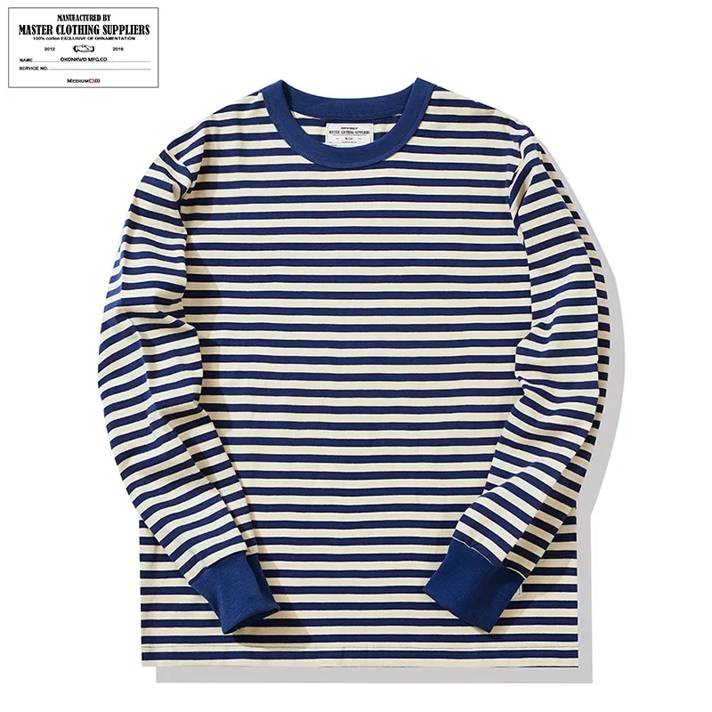 New OKONKWO Men's Cotton T-Shirt 280g Heavy Fine Stripe Long SleeveT Shirt Hail Sailor Shirt Amigo Ghost Shirt