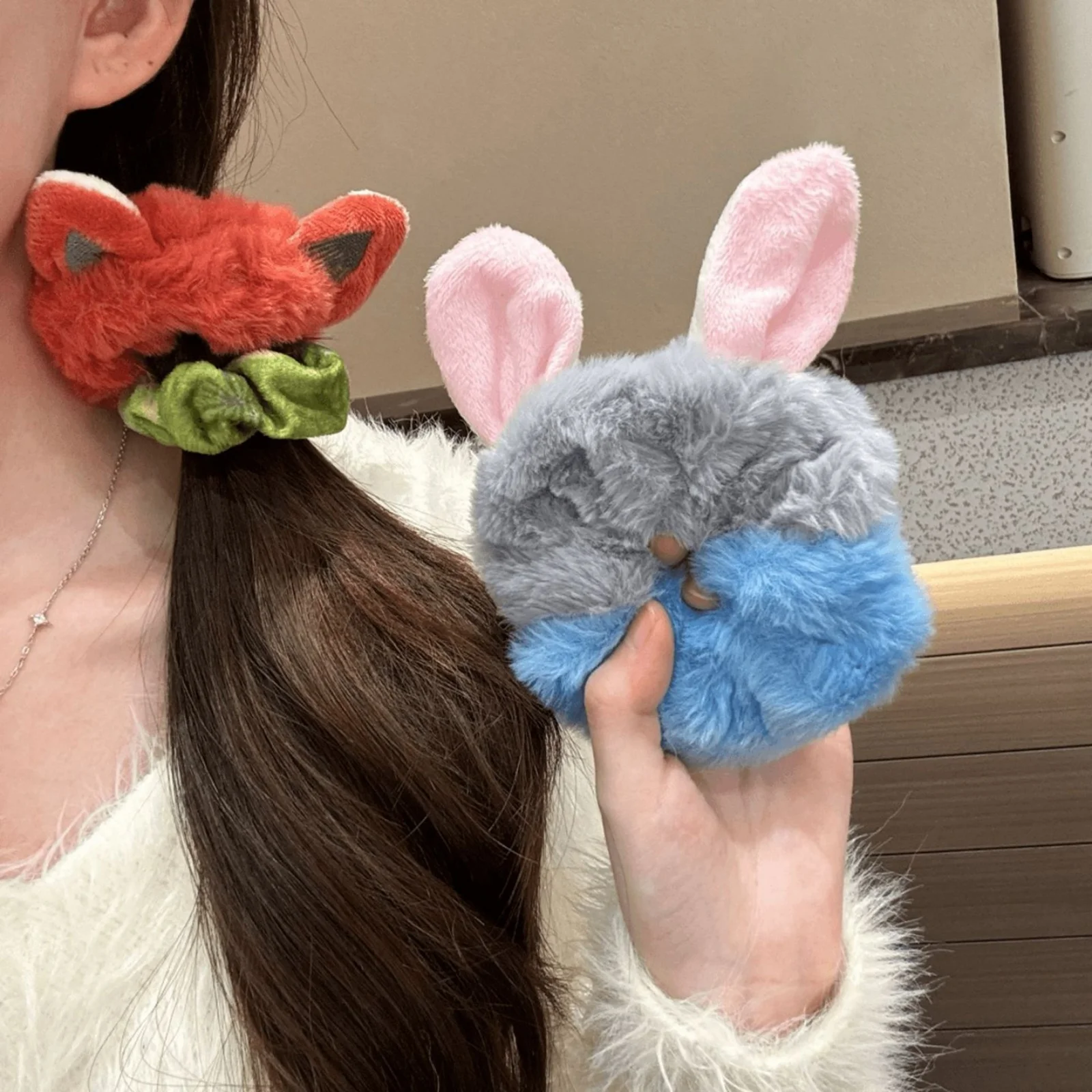 1/2PC Crazy Animal City Theme Plush Scrunchie Set, Fox Rabbit Hair Ties, Cute Cartoon Hair Accessories, Stylish Party Hair Decor