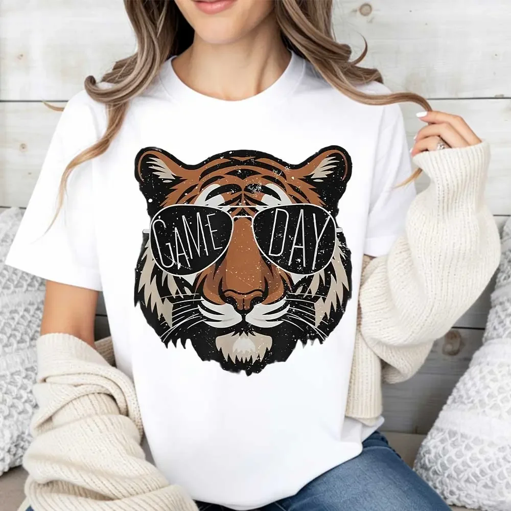 Tiger With Sunglasses Game Day Print T-Shirt White Casual Short Sleeve Unisex Tee For Everyday Wear And Sports Events