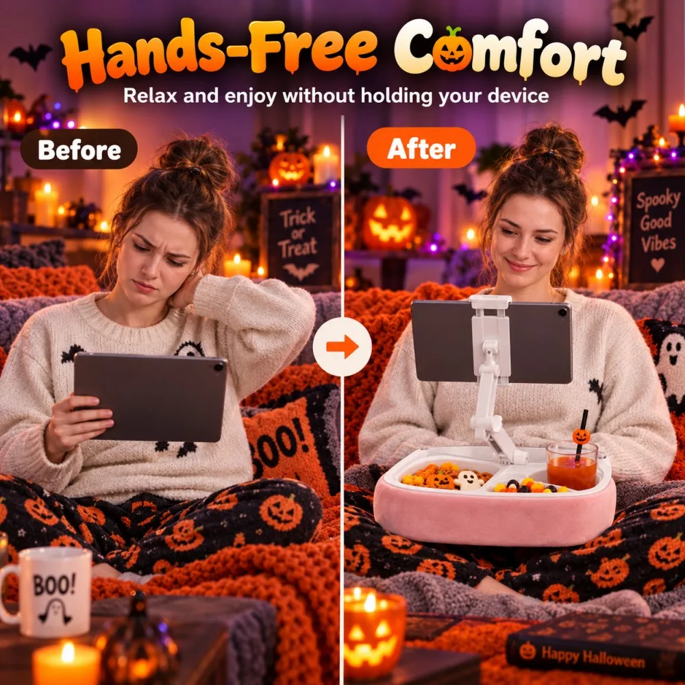 Stojak na tablet w kształcie poduszki na Halloween z tacy do przechowywania, obrotowy o 360 stopni, marki Vyvylabs. °   Obracany uchwyt na telefon do tabletu Kindle o przekątnej ekranu 4,7-13" – idealny na łóżko, sofę, biurko, doskonały pom — zdjęcie produktu 4