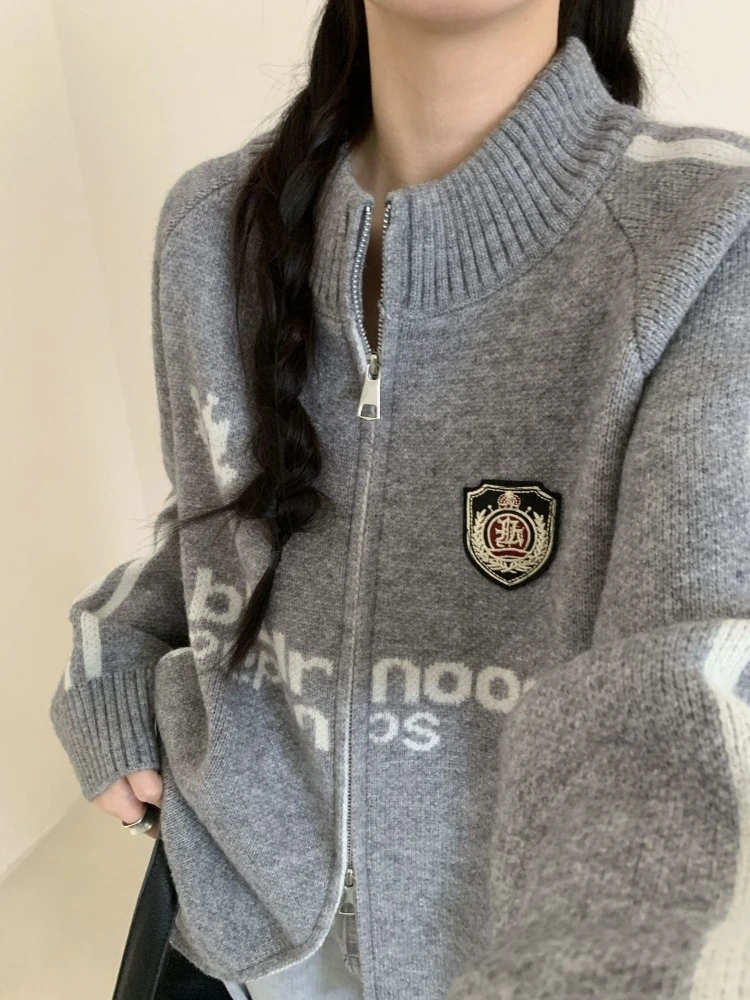 Deeptown American Retro Letter Zipper Sweater Women Gray Preppy Style Sports Knitwear Vintage Causal Solid Long Sleeve Cardigan