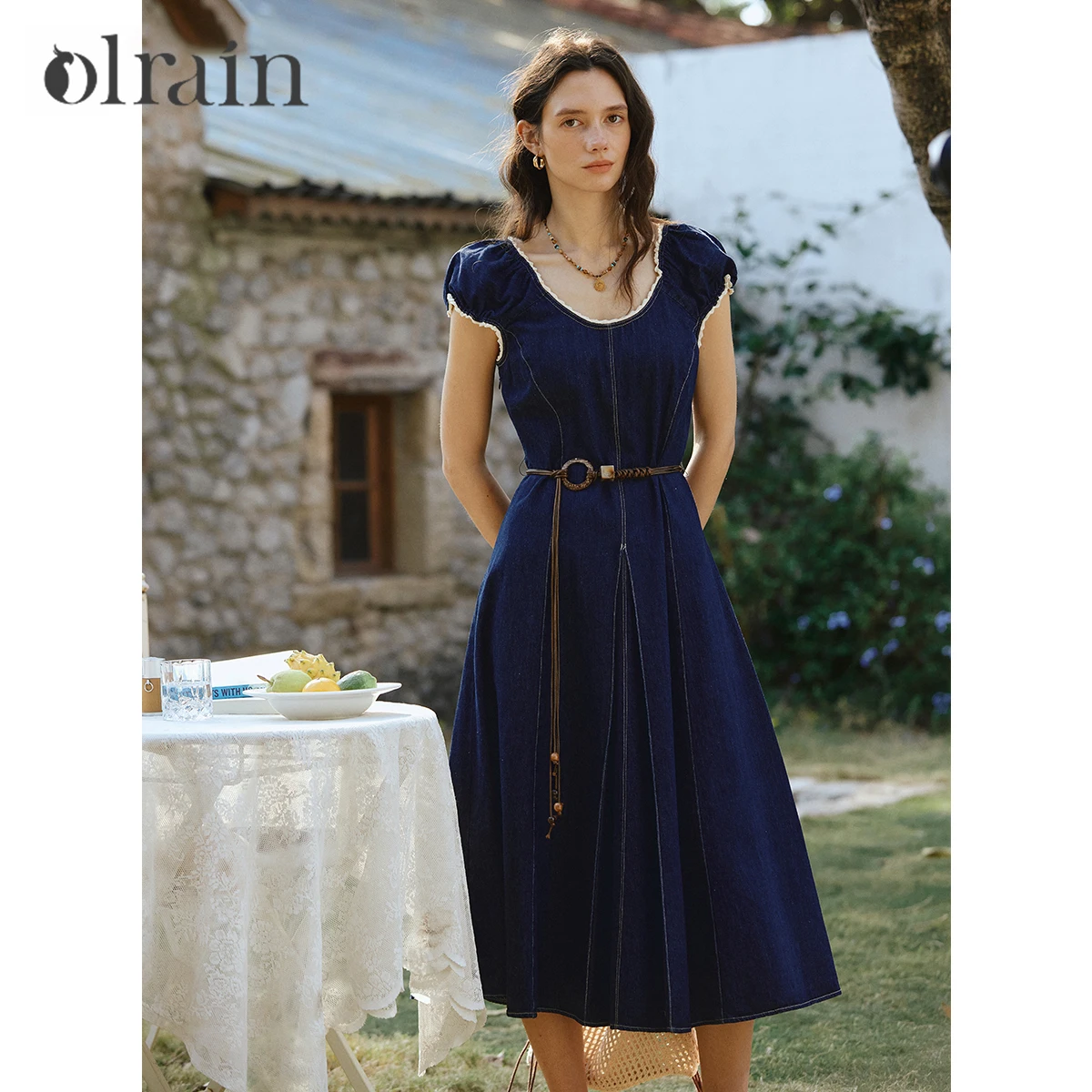

OLrain Women Vintage Denim Dress 2026 Summer Lace U-Neck Waist A-Line Puff Short Sleeves Midi Slim Dress With Belt O58XL000681