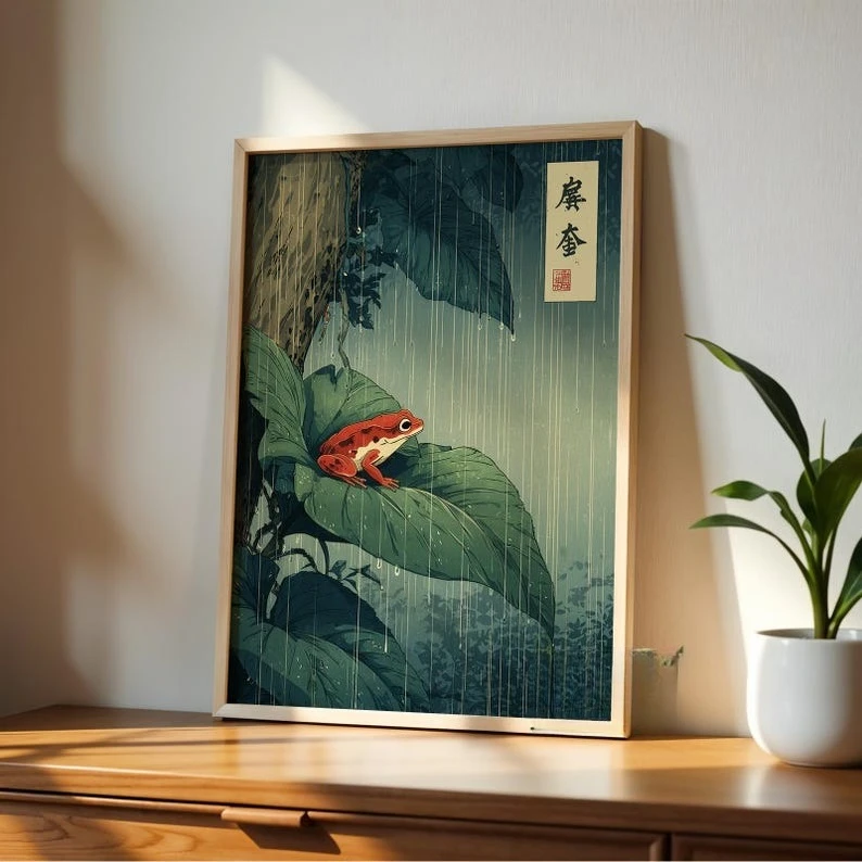 1pc Japanese Frog Canvas Wall Art, Unframed Vintage Rainforest Wall Art Print, Red Frog on Leaf Poster For Living Room Decoratio