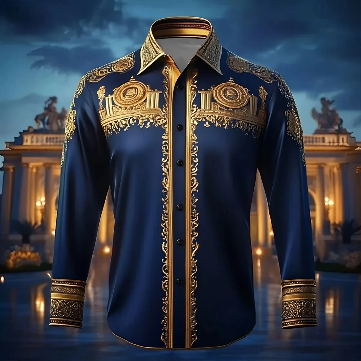 Men's Baroque Printed Long Sleeved Shirt, Luxurious Gold and Royal Blue Satin Dress Shirt, Suitable for Parties/Weddings