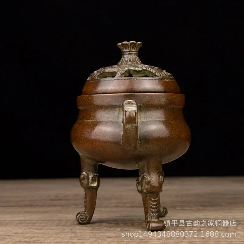 Brass Pure Copper Coiled Dragon Three-Legged Elephant Double-Ear Incense Burner Home Living Room Decorative O