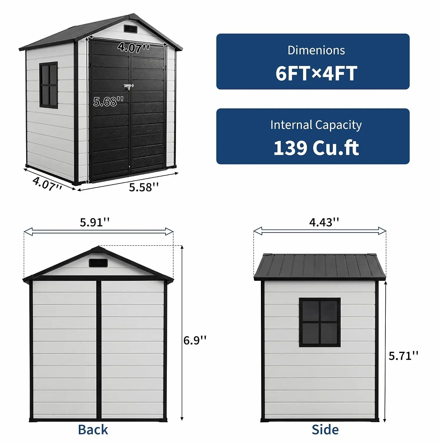 6x4 ft Resin Outdoor Storage Shed Weatherproof Garden Tool Organizer with Lockable Door & Window, Customized