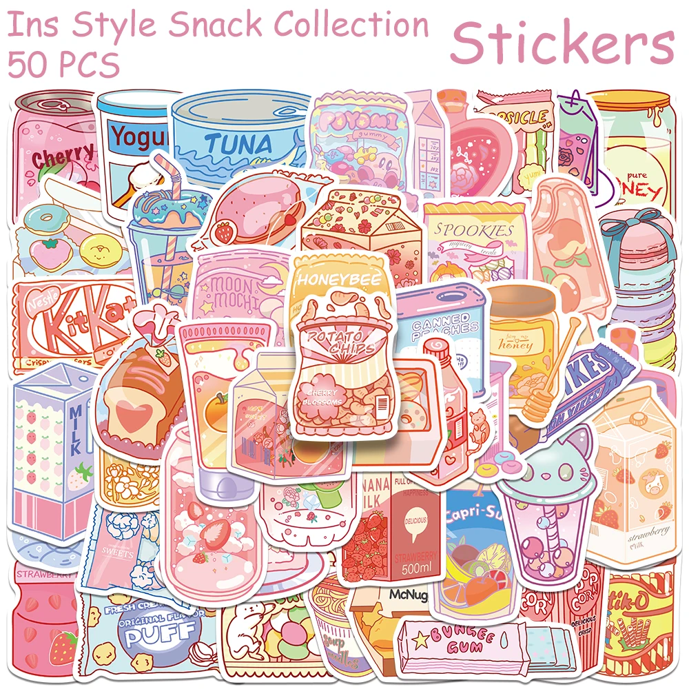 50pcs Ins Style Snack Collections Stickers Decals For Phone Notebook Skateboard Guitar Helmet DIY Aesthetic Waterproof Stickers