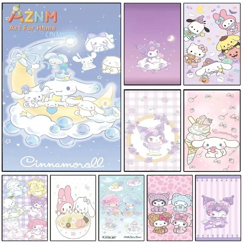 Cinnamoroll Kuromi My Melody Canvas Poster Cute Sanrio Cartoon Print Unframed Canvas Art Moon Cloud Ice Cream Sweet Kawaii Aesth