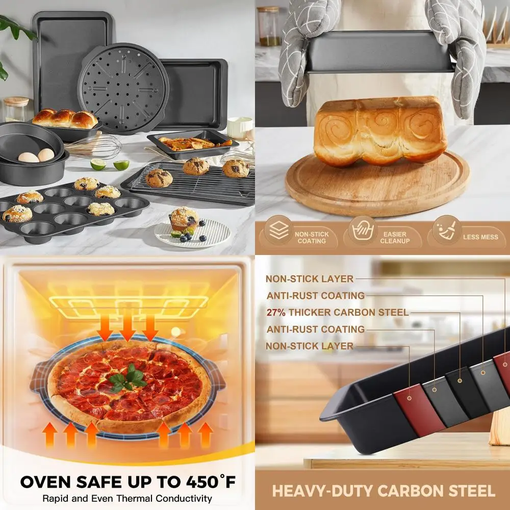 

10-Piece Nonstick Baking Set with Wide Grips: Rack, Cookie Sheet, Cake, Loaf, Muffin, Pizza Pans - Grey