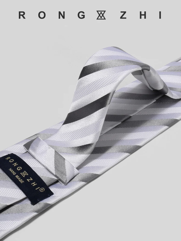 High Quality 100% Silk Silver Gray Striped Pattern Tie For Men's British Style Business Banquet 8CM Wide Real Silk Cravat