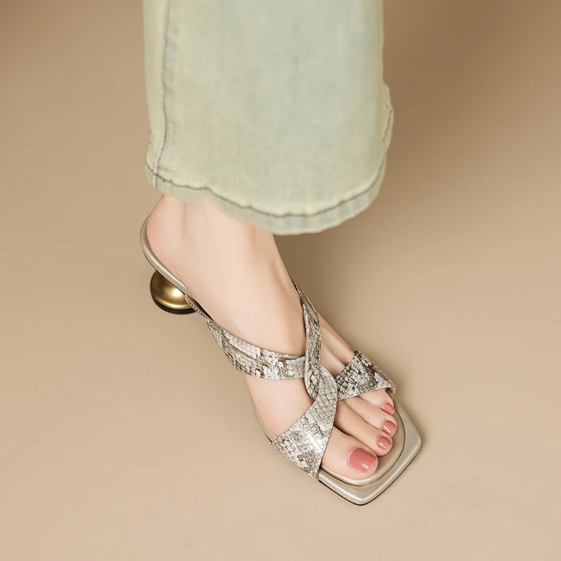 2026 new summer women pumps natural leather 22-25cm snake pattern cowhide+sheepskin+microfiber cross-tied mules women slippers