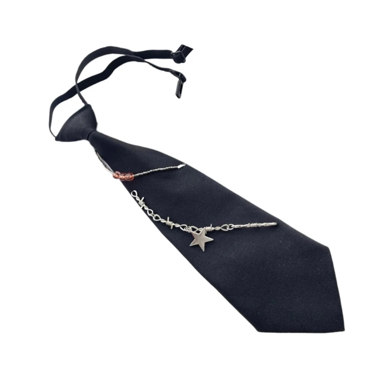 Japanese Adjusted Pretied Small Necktie Vintage Punk Metal Chain Star Heart Crystal Jewelry Neck Tie Drop shipping