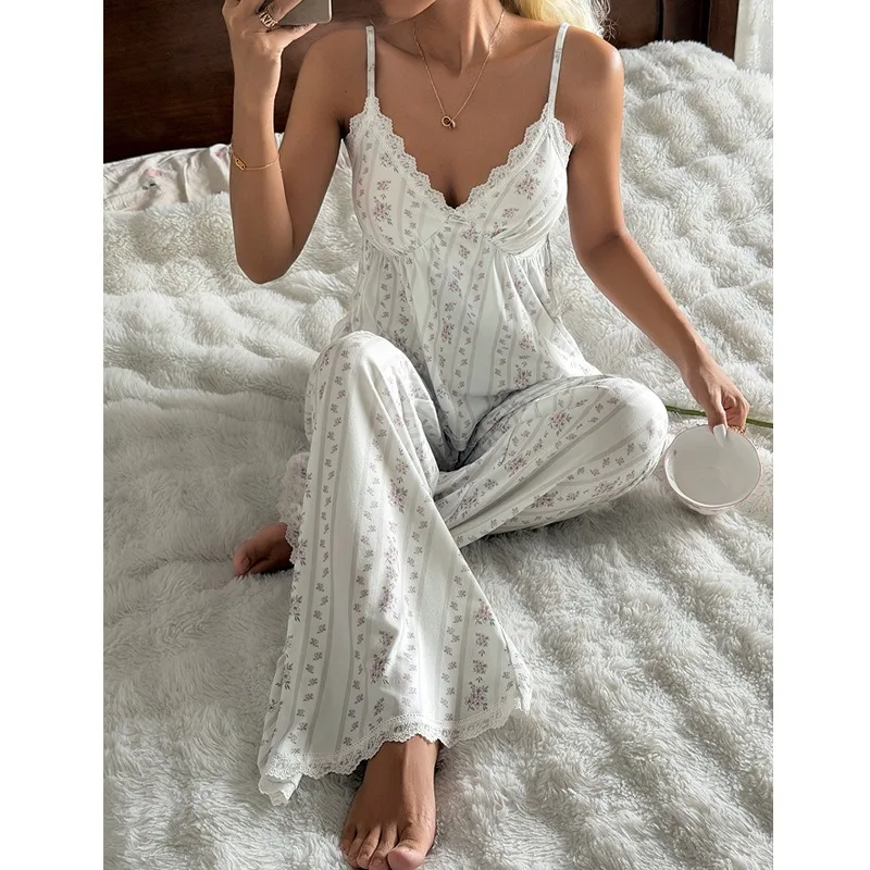 Charming Floral Lace Women's Pajama Set Summer European American High End Sexy V Neck Spaghetti Strap Loungewear White Pajama