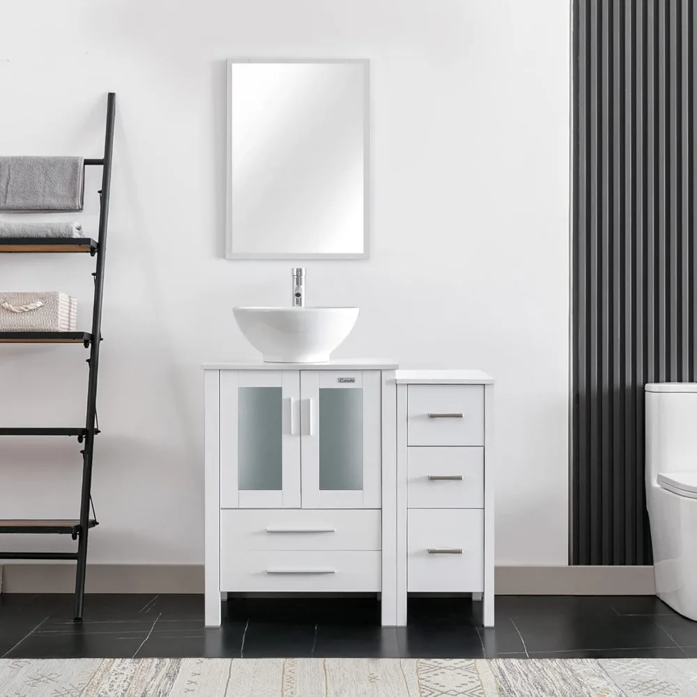 

36" Modern Bathroom Vanity Sink Combo White W/Small Side Cabinet White Round Ceramic Vessel Sink & Water Save Faucet