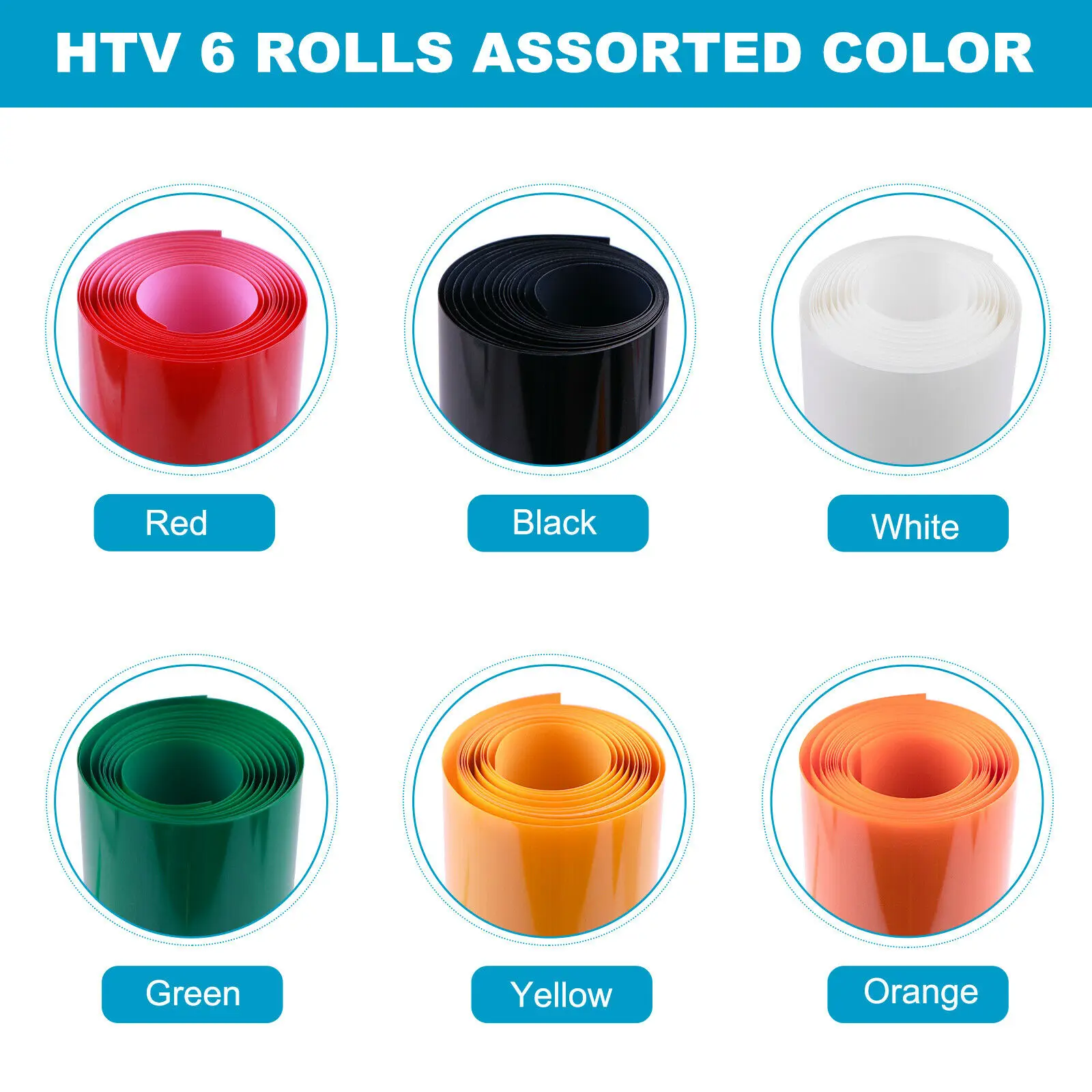 HTVRONT 6 Pack Colors 12X5ft/30X150cm PU Heat Transfer Vinyl Roll for T-shirt Printing DIY Iron on HTV Film Easy to Cut