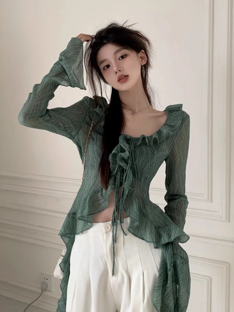 

Y2k Aesthetic Irregular Ruffled Bandage Women Blouse ​slim Fit Grunge Shirt Harajuku Flare Sleeve Cropped Blouses