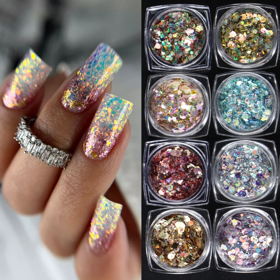 Iridescente Prego Glitter Pó Lantejoulas, Espelho Hexagonal, Irregular 3D Flocos, Holográfica Art Decor, Sereia Flocos, Y2K, 12 Box