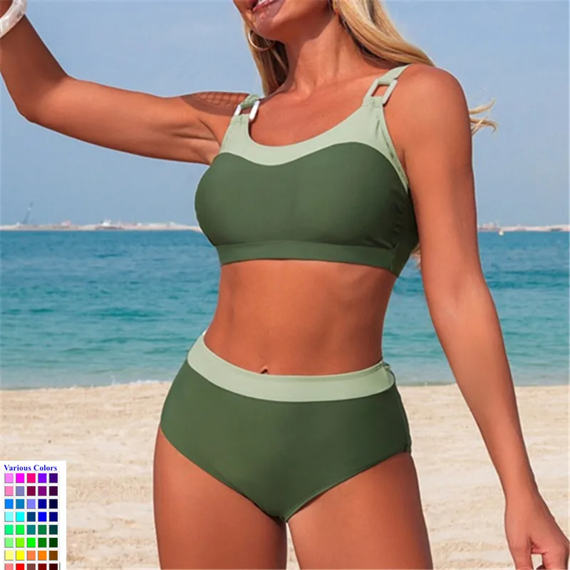 

Новый модный комплект бикини из двух частей: топ с завязками сзади и плавки с высокой талией, зеленый, для пляжа и бассейна, летний, спортивный купальник