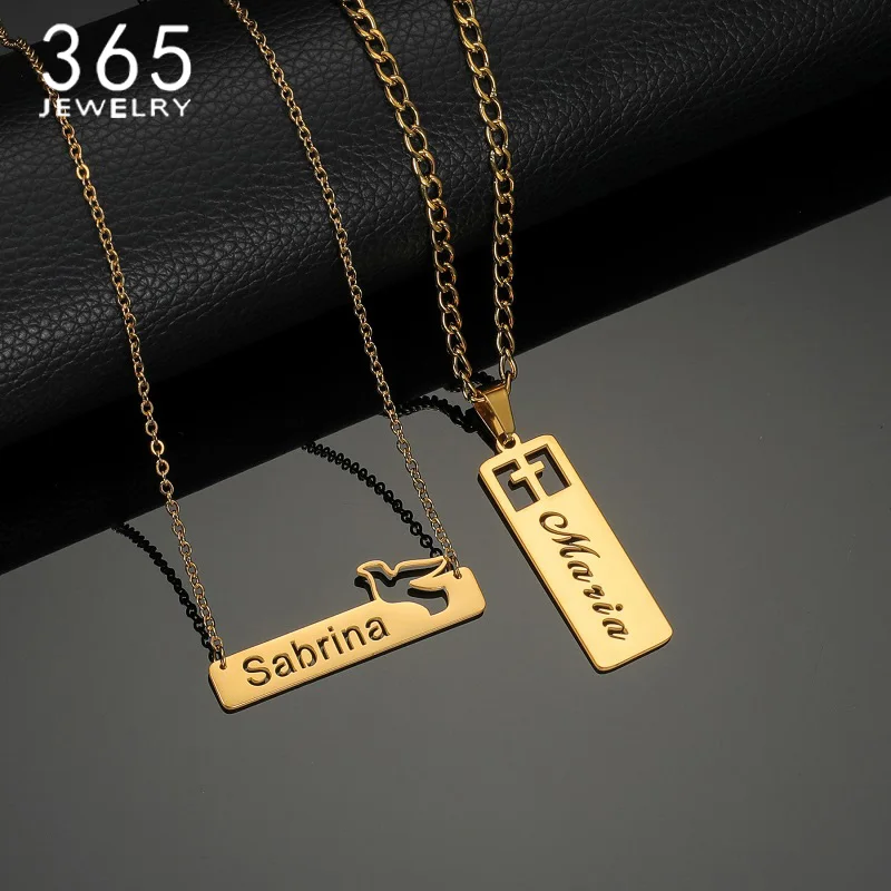 365 Personalized Hollow Style Name Necklace Stainless Steel Custom Rectangular Pendant For Women Charming Jewelry Girls Gifts