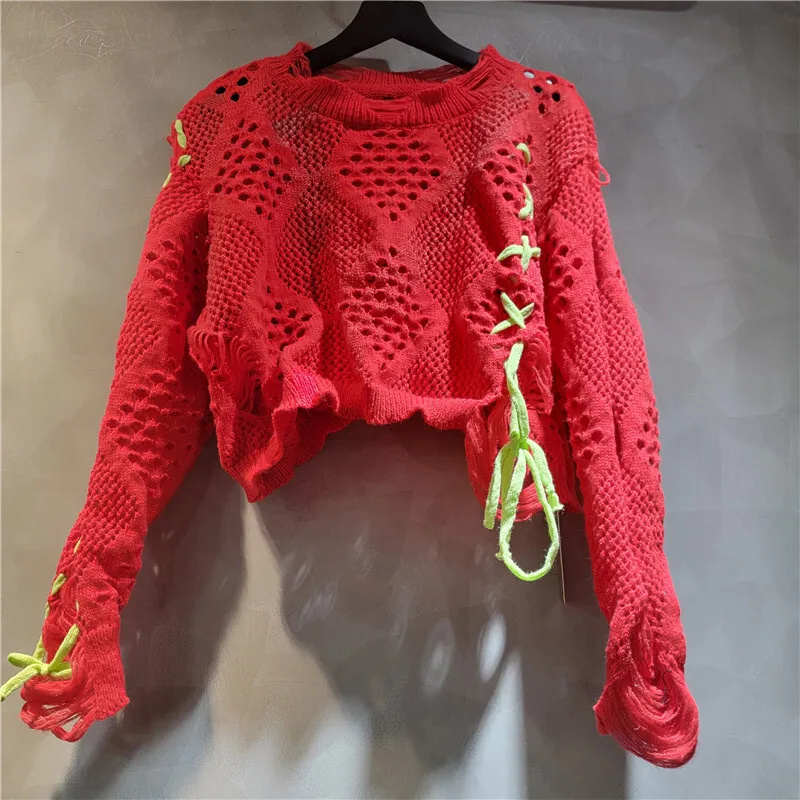 WTHT العصرية المرأة التباين اللون متماسكة الجوف خارج سترة قصيرة 2025 الخريف موضة س الرقبة طويلة الأكمام البلوفرات الإناث 1LS2584 #3