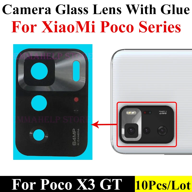 EmmaHelp 10pcs Rear Back Camera Lens Glass for Xiaomi Poco M4 Pro 4G X3 X4 Pro 5G F4 GT F3 M5s M4 M3 M2 C40 C3 With Adhesive Glu