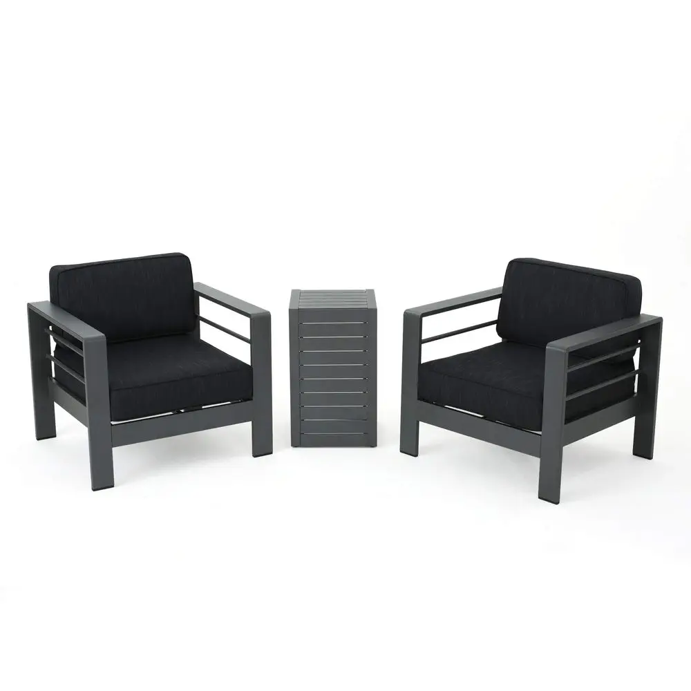 

Crested Bay Aluminum Outdoor Chat Set with Water Resistant Cushions, 3Pcs Set, Grey Dark Grey