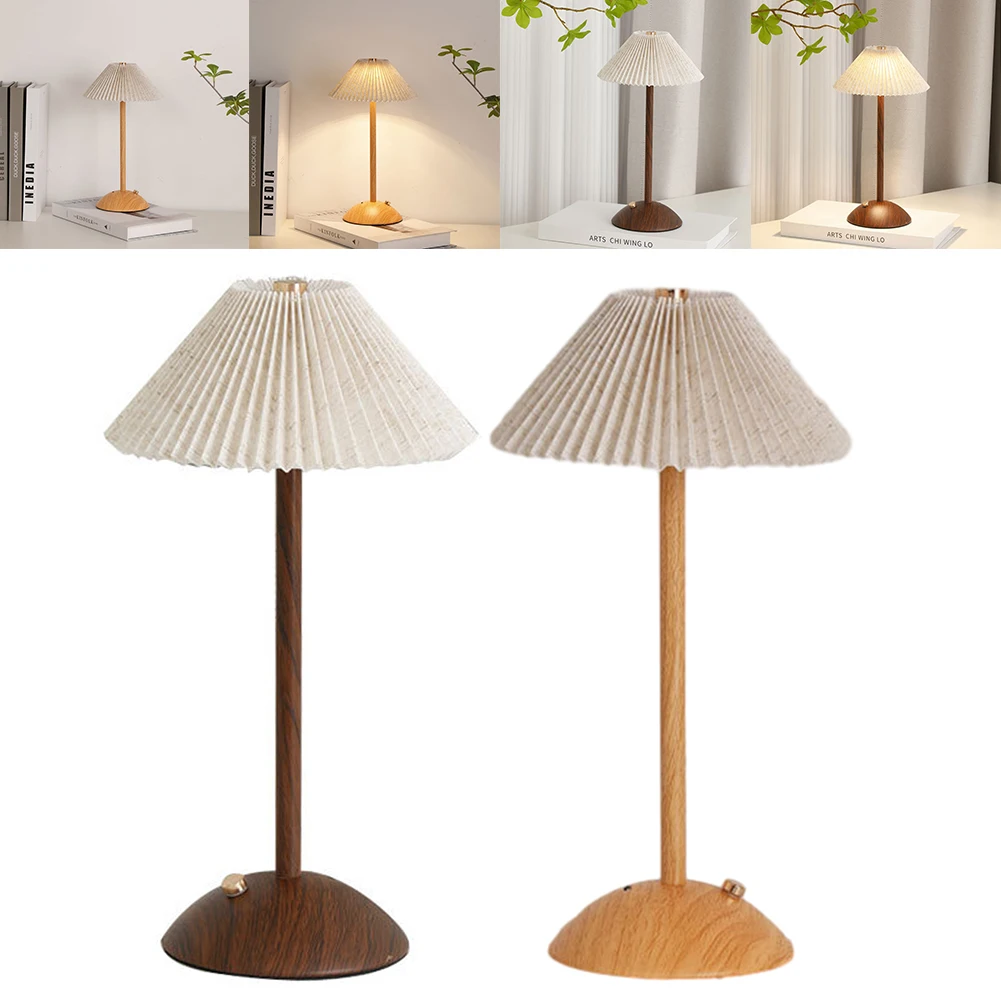 

LED Desk Lamp Portable Wood Base Touch Night Light Fabric Shade Small Table Lamp Rechargeable for Restaurant Bedroom Coffee Shop