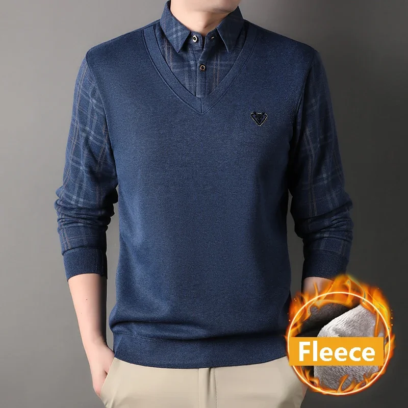 

Mens Thick Sweater Pullover Fleece Lined Polo Shirts Fashion Casual Business Knitting Polo Shirts