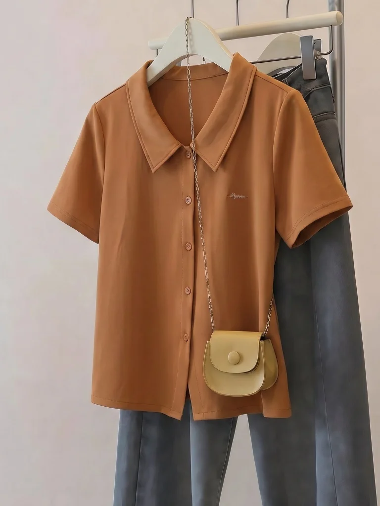 Pumpkin Orange  Neck Short Sleeve T-Shirt Women's Summer New plus Size Slimming Age-Defying Top Korean Style Loose Fit
