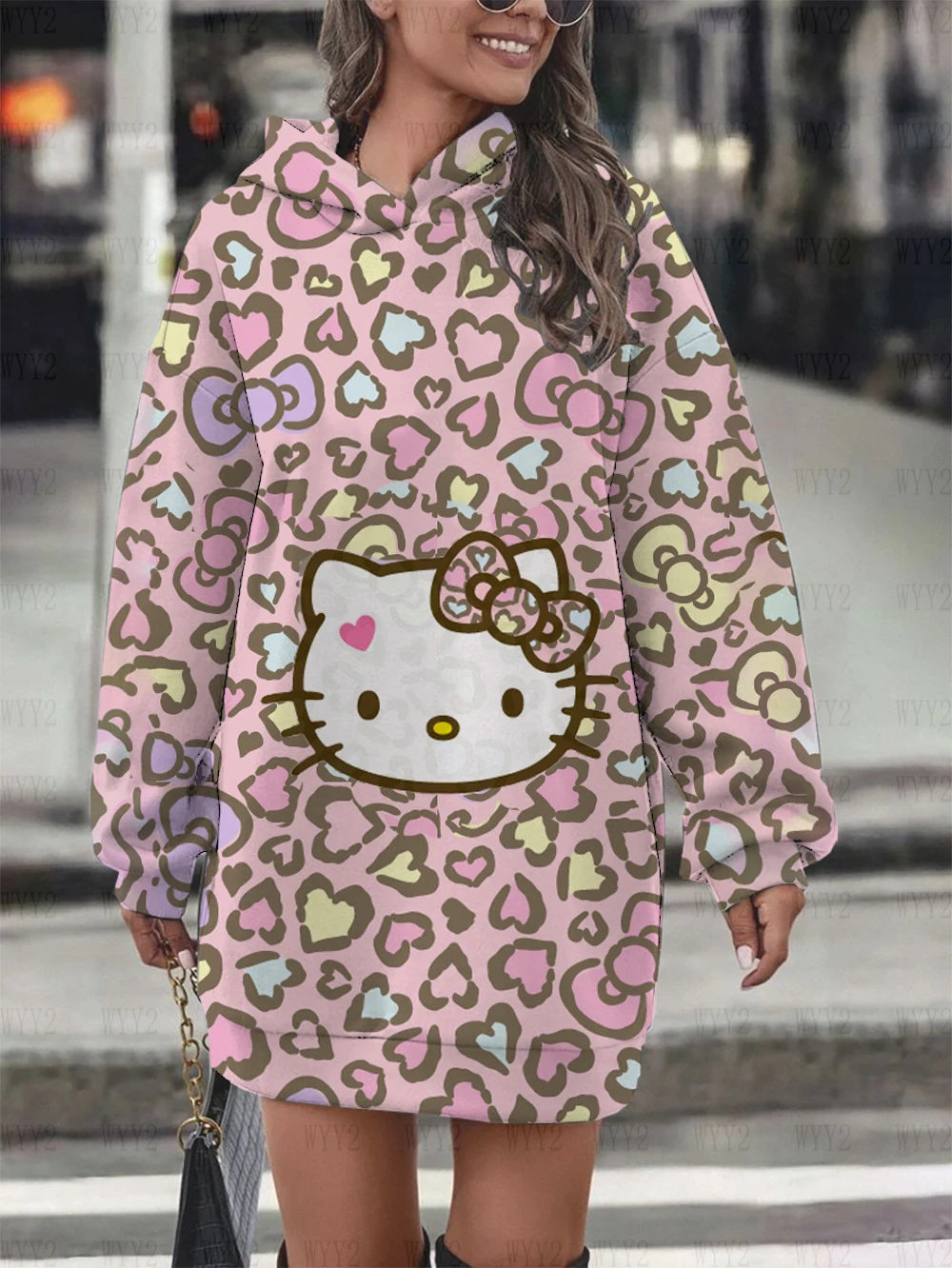 Women\'s Winter Dress Cartoon Sweet Print HelloKitty Long Sleeve Hoodie Dress Fashionable Women\'s Warm Sweater