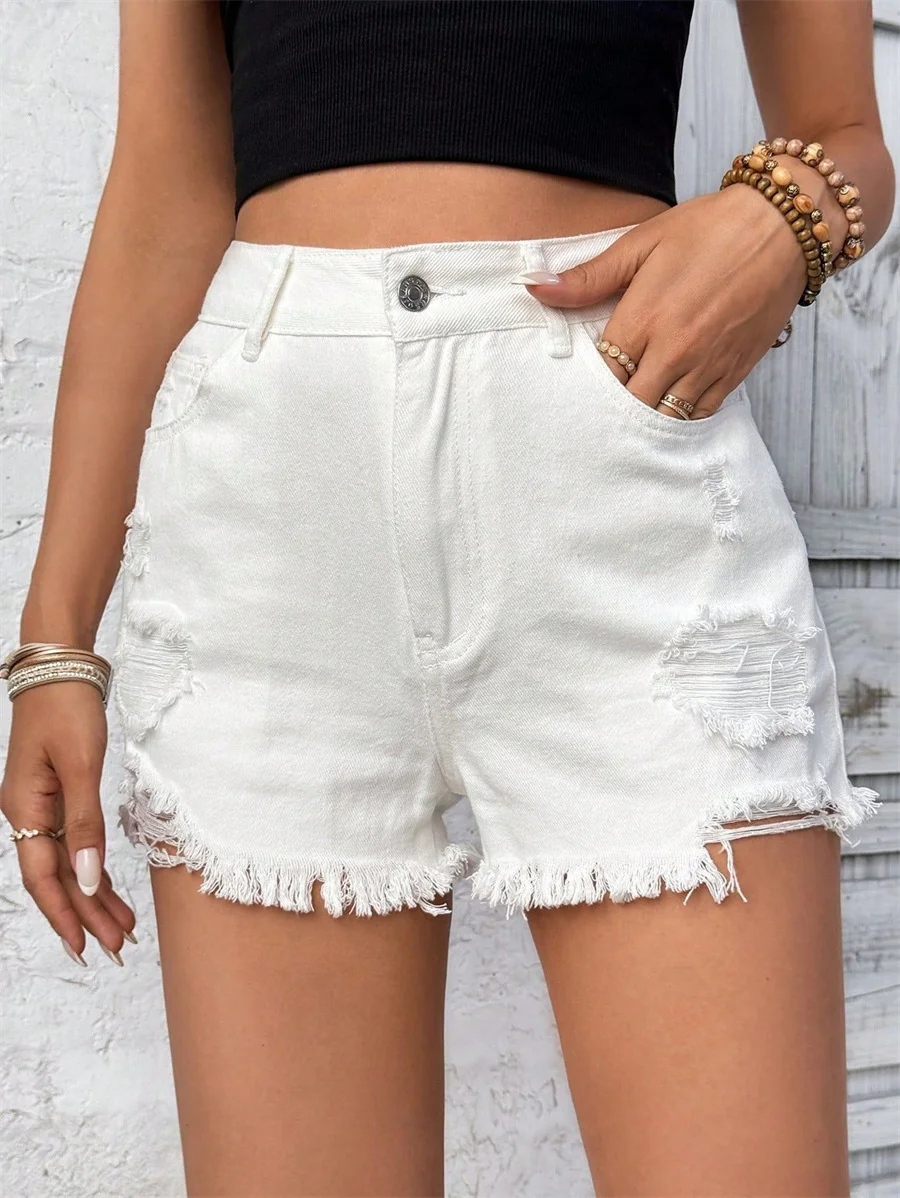 

Benuynffy Women's Summer Denim Shorts New High Waist Hole Raw Hem Short Jeans Female Casual Streetwear Loose Ripped Jean Shorts