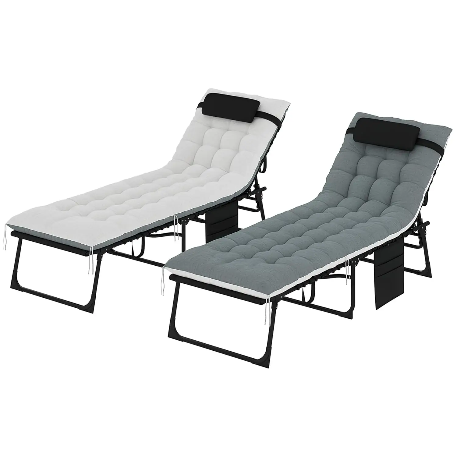 

5-Position Adjustable Folding Outdoor Chaise Lounge Set Of 2 With Cushion Headrest Side Pocket For Patio Pool Yard, Customized