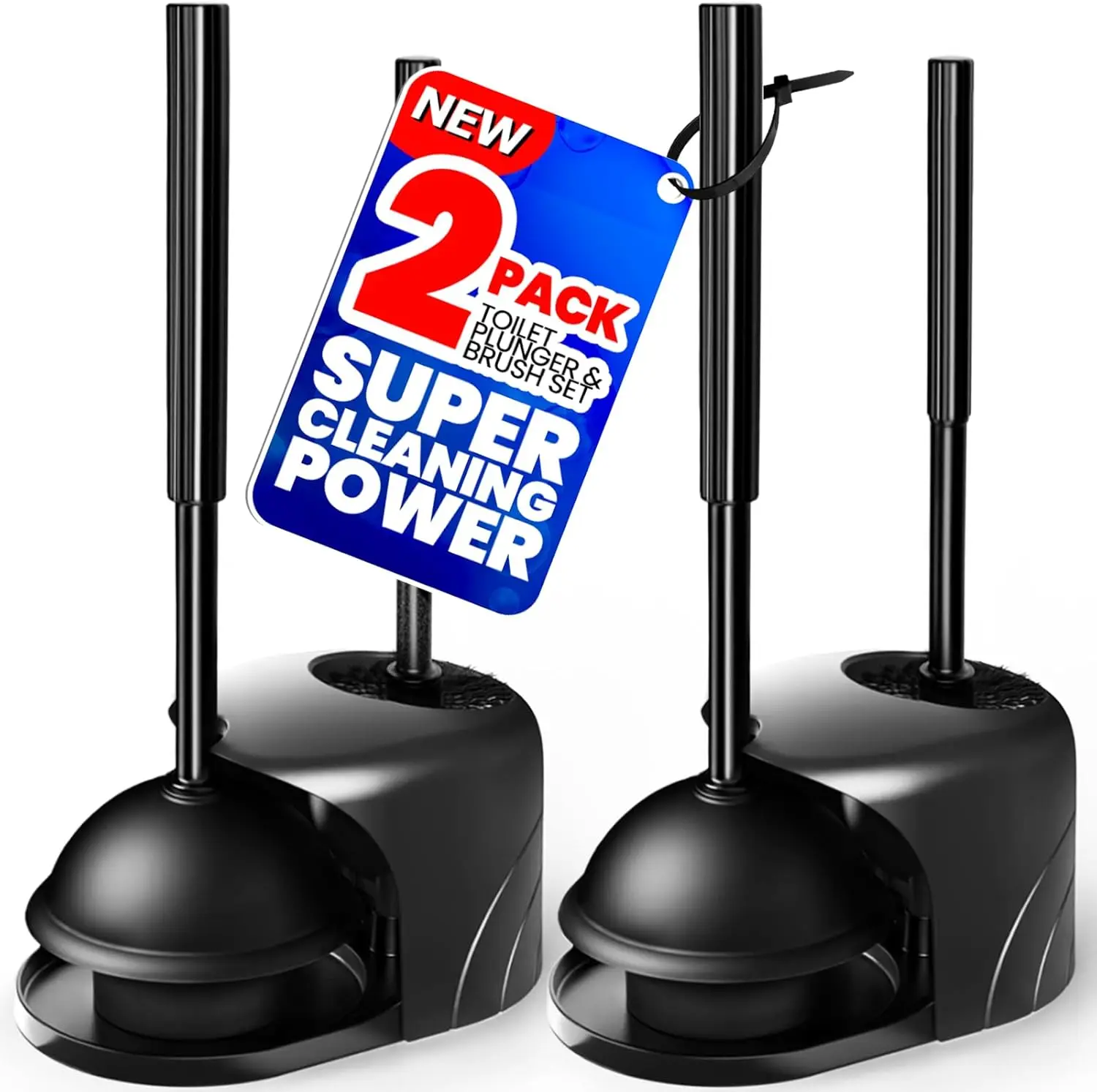 

2-Pack Toilet Brush and Plunger Set with Extended Handle, Bathroom Cleaning Tools in Bright Black