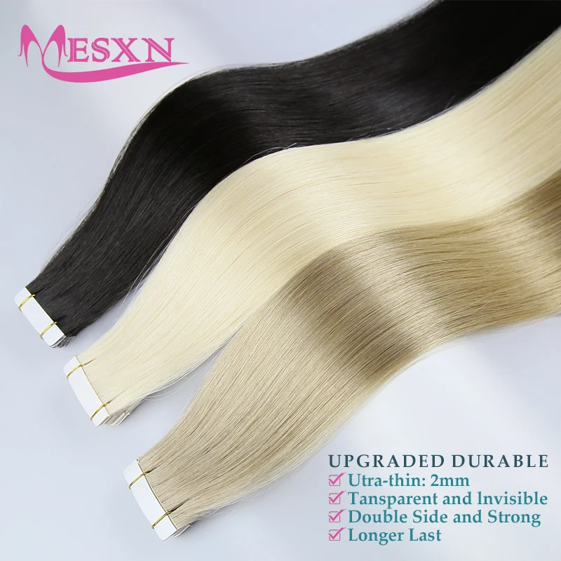 MESXN Tape in Hair Extensions Human Hair 100% Real Natural Hair Tape Weft InsInvisible soft 10pcs 16