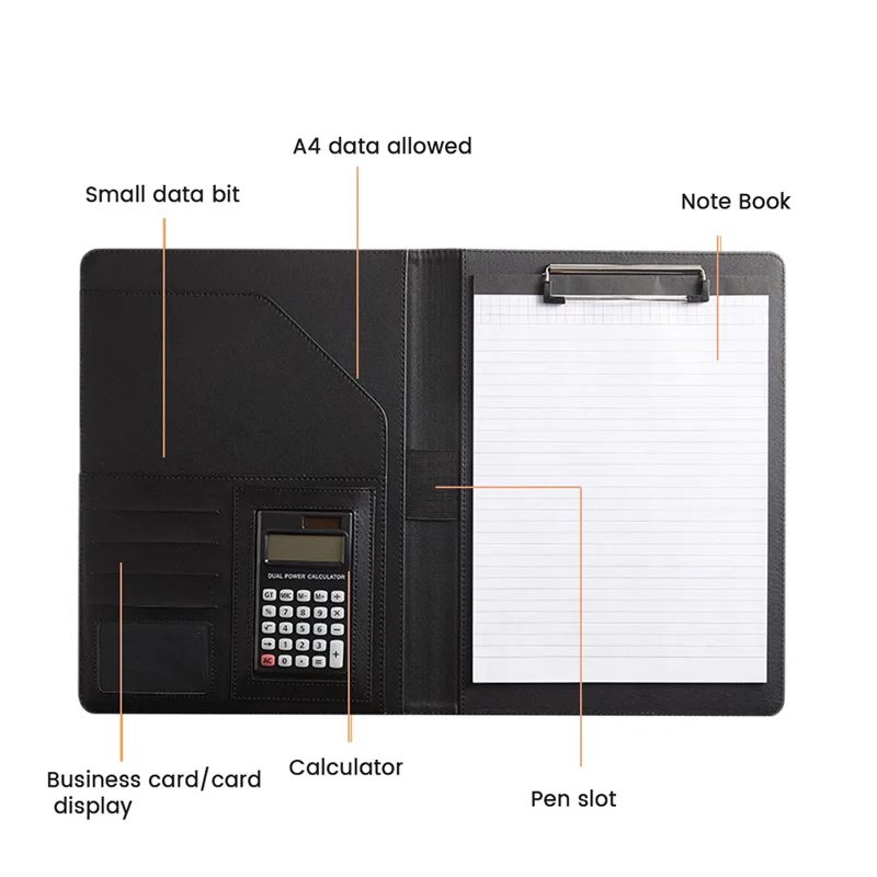 Practical-Resume Portfolio Folder With A4 Size Clipboard Black Leather Padfolio For Men Women Business Portfolio Organizer