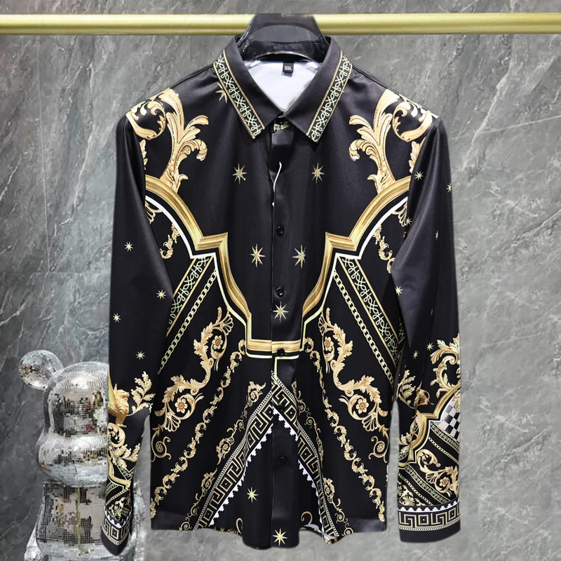 

Casual Rhinestones Shirt Camisa Masculina Slim Shirt Print Shirt Dress Men Black Gold Plaid Shirt Luxury Full Flower Shirt Men