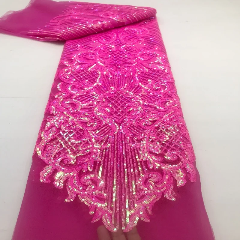 

High Quality African Lace Fabric 2025 Pink French Net Sequins Fabric Sewing Embroidered Lace Tulle Nigerian Lace Fabric 5Yards
